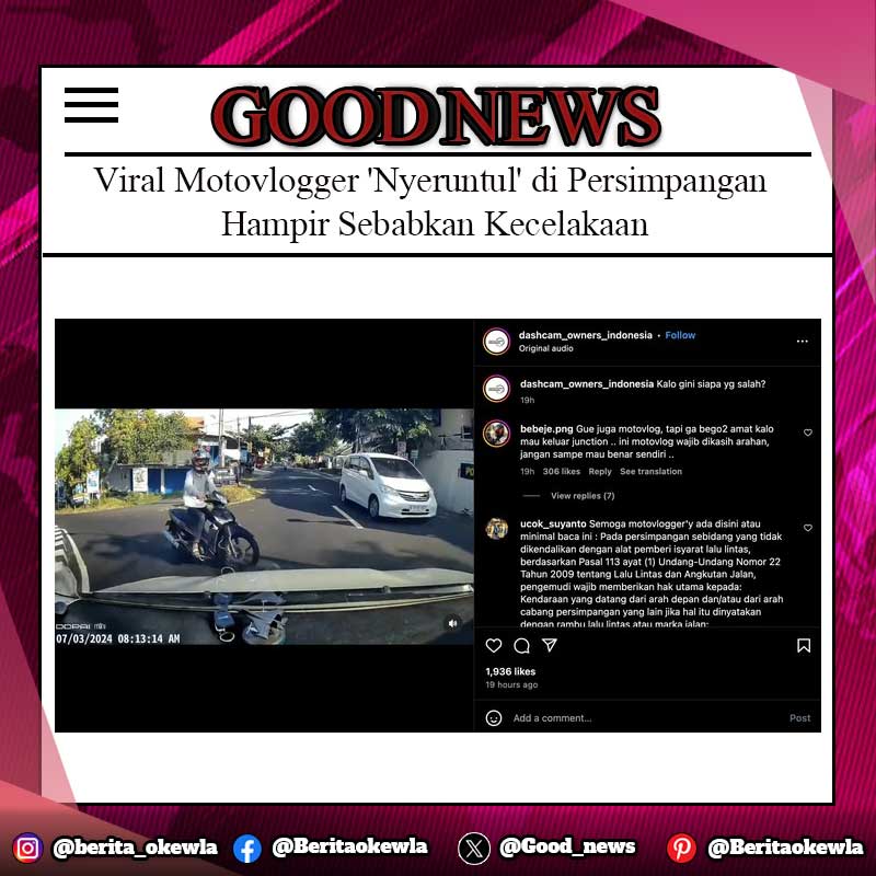 Viral Motovlogger 'Nyeruntul' di Persimpangan Hampir Sebabkan Kecelakaan