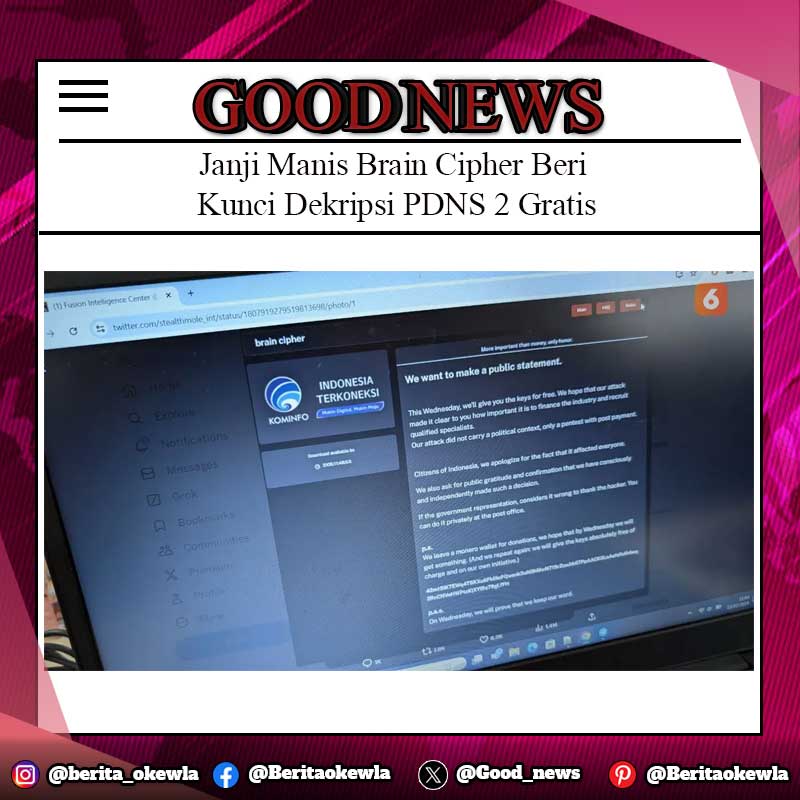 Janji Manis Brain Cipher Beri Kunci Dekripsi PDNS 2 Gratis